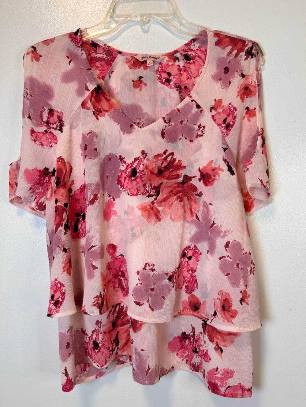 Juicy Couture Cold-Shoulder Pink Floral V-Neck‎ Layered Blouse Women’s Large